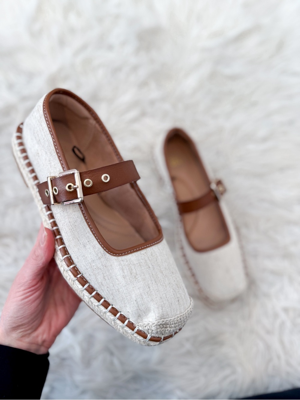 Time and Tru Cream Linen Espadrille Mary Janes with Brown Strap